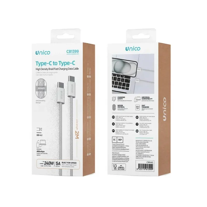 Cavo Usb-C 5a 2 Mt 240 W Alta Densità Bianco