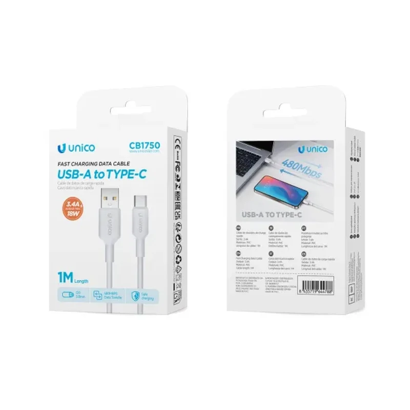 Cavo Usb-A Type-C 3.4 A Bianco 1 Mt