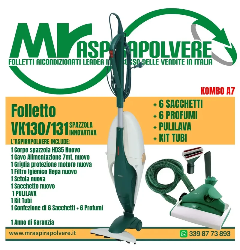 Combo Q Folletto VK130 VK131 rigenerato con Tubi e Pulilava SP520