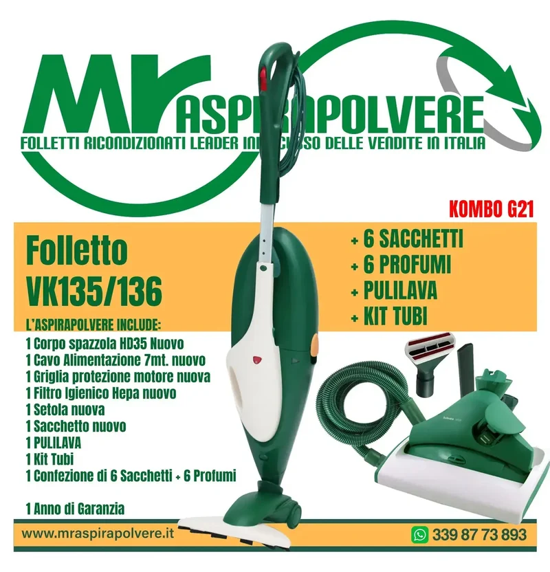 Kombo G21 Folletto VK136 rigenerato con Tubi e Pulilava SP520