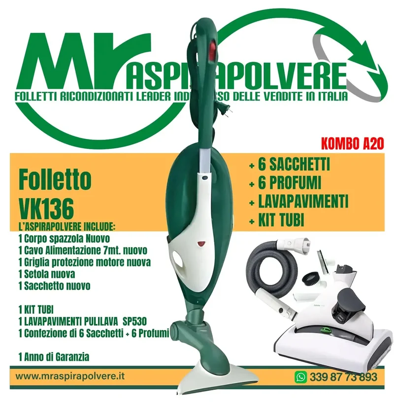 Combo A20 Folletto VK136 rigenerato con Tubi e Pulilava SP530