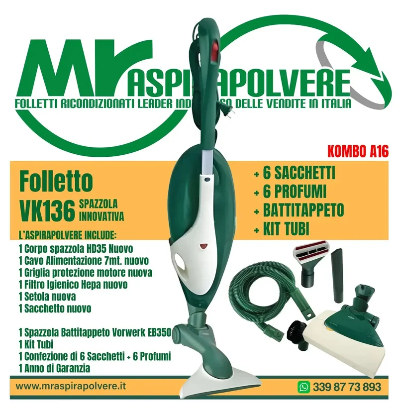 Combo A16 Folletto VK136 rigenerato con Tubo e Battitappeto EB360