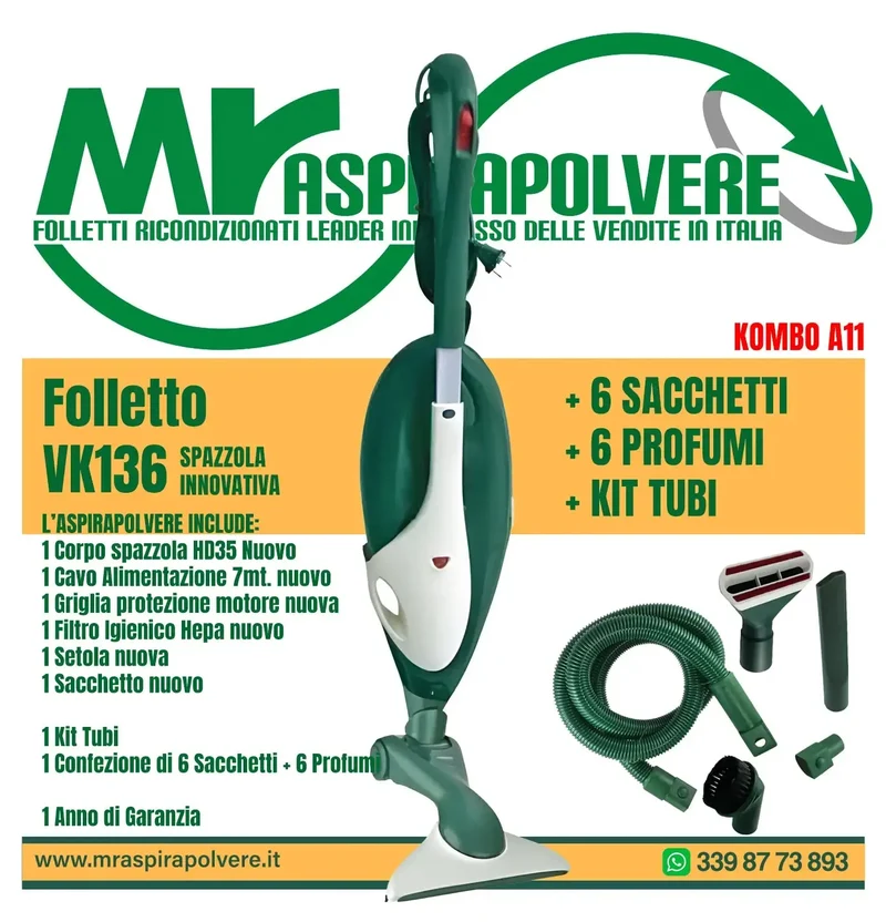 Combo A11 Folletto VK136 rigenerato con Kit Tubi