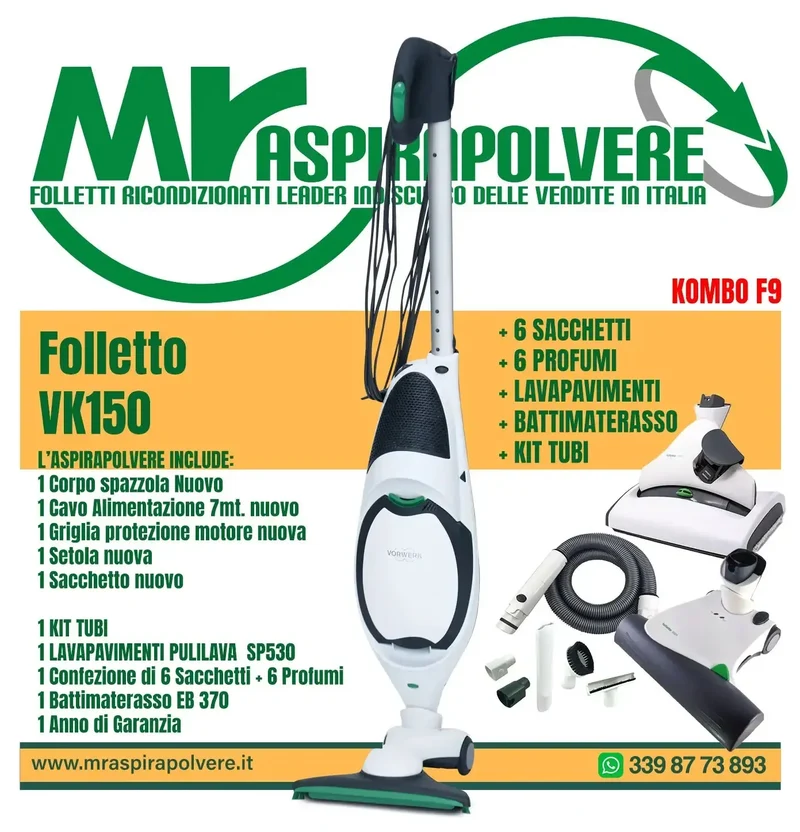 Folletto Vorwerk VK150 rigenerato, Spazzola HD50, SP530, EB370 e tubo - Combo F9