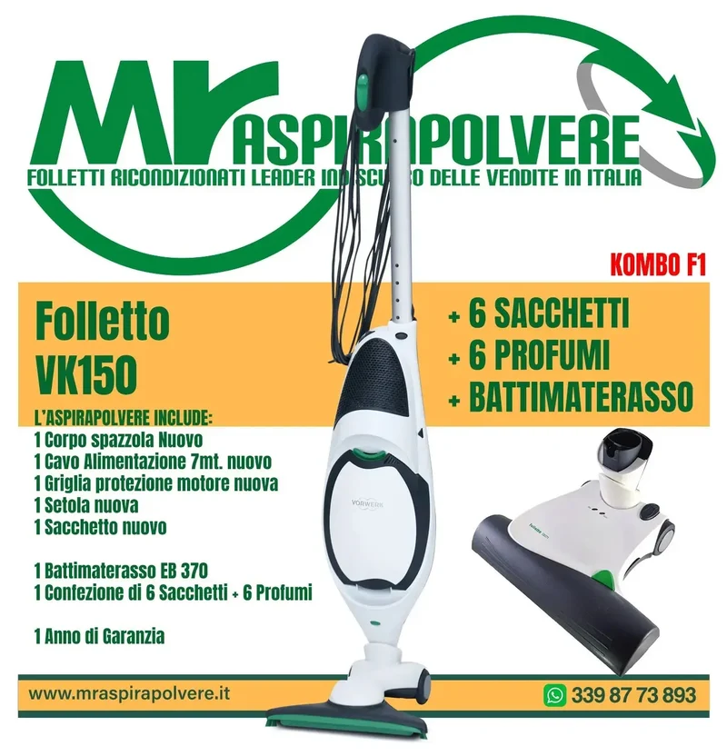 Folletto Vorwerk VK150 rigenerato, Spazzola HD50, EB370 e tubo - Combo F1