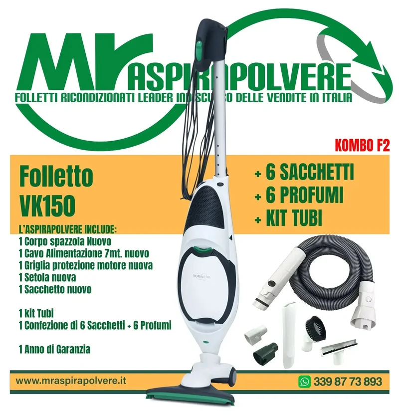Folletto Vorwerk VK150 rigenerato, Spazzola HD50 e tubo - Combo F2
