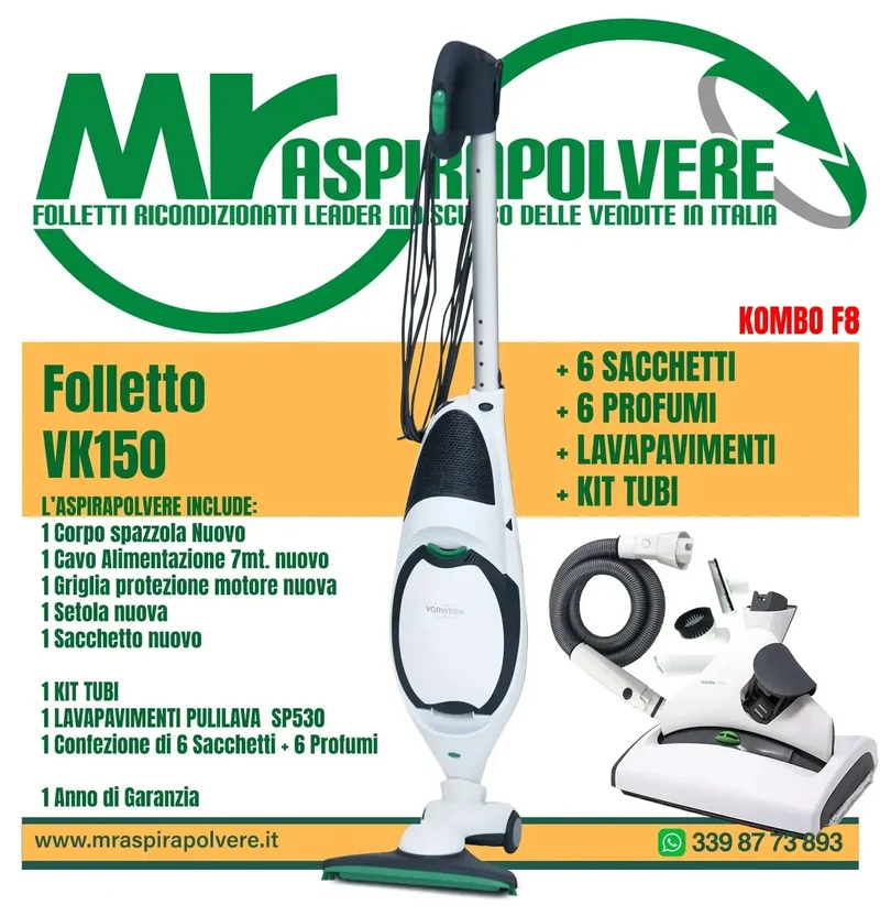 Folletto Vorwerk VK150 rigenerato, Spazzola HD50, SP530 e tubo - Combo F8