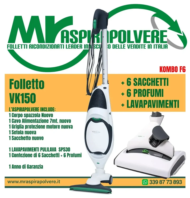 Folletto Vorwerk VK150 rigenerato, Spazzola HD50, SP530 e tubo - Combo F6