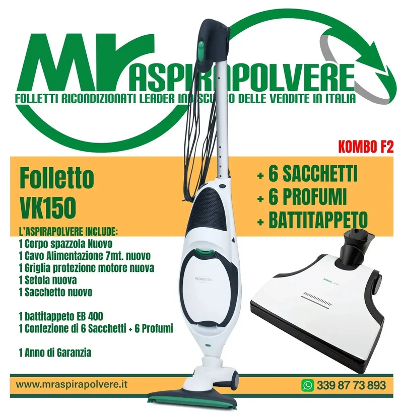 Folletto Vorwerk VK150 rigenerato, Spazzola HD50, EB400 - Combo F3