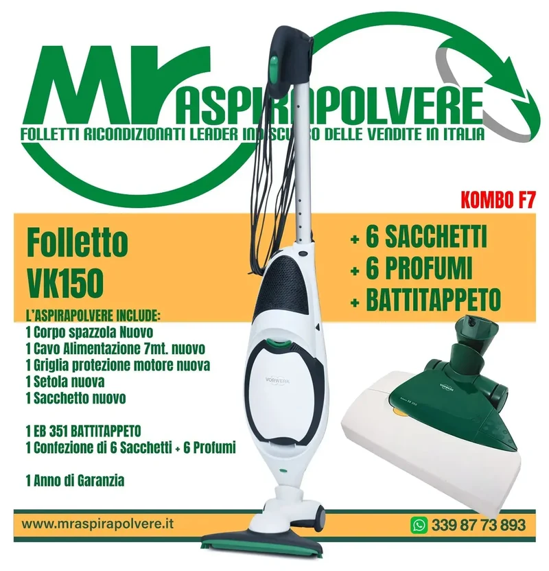 Folletto Vorwerk VK150 rigenerato, Spazzola HD50, EB351 - Combo F7