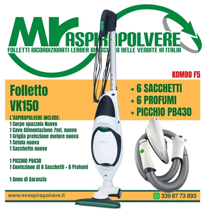 Folletto Vorwerk VK150 rigenerato, Spazzola HD50, Picchio PB - Combo F5