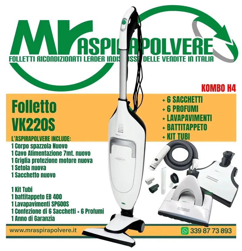 Folletto Vorwerk VK220s rigenerato, EB400, SP600 e tubo - Combo H4