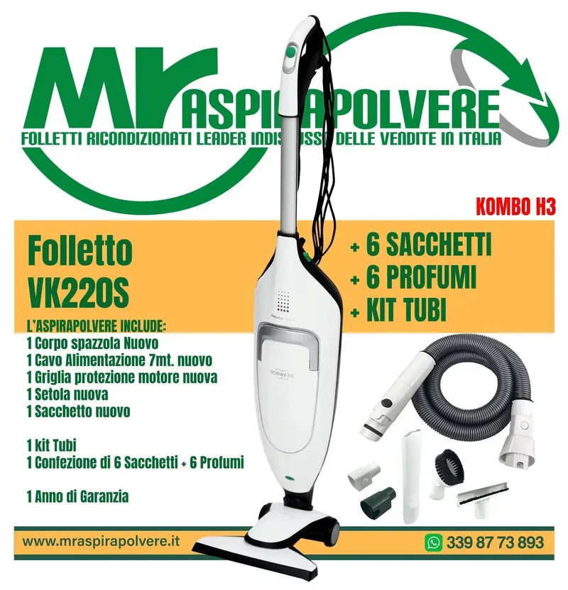 Folletto Vorwerk VK220s rigenerato e tubo - Combo H3