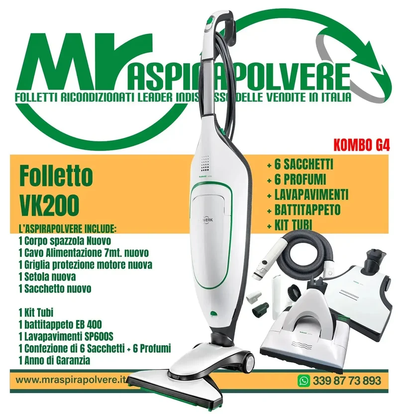 Folletto Vorwerk VK200 rigenerato, EB400, SP600 e tubo - Combo G4