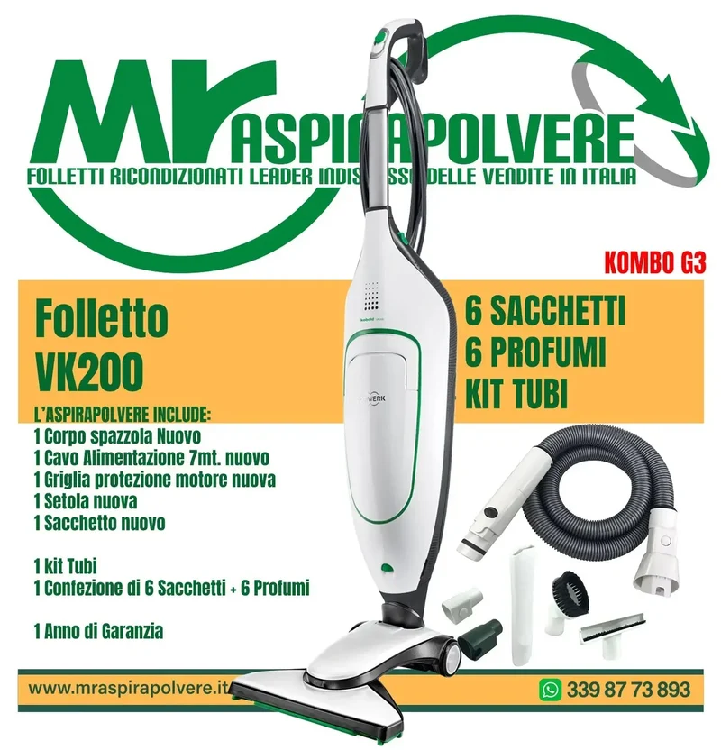 Folletto Vorwerk VK200 rigenerato e tubo - Combo G3