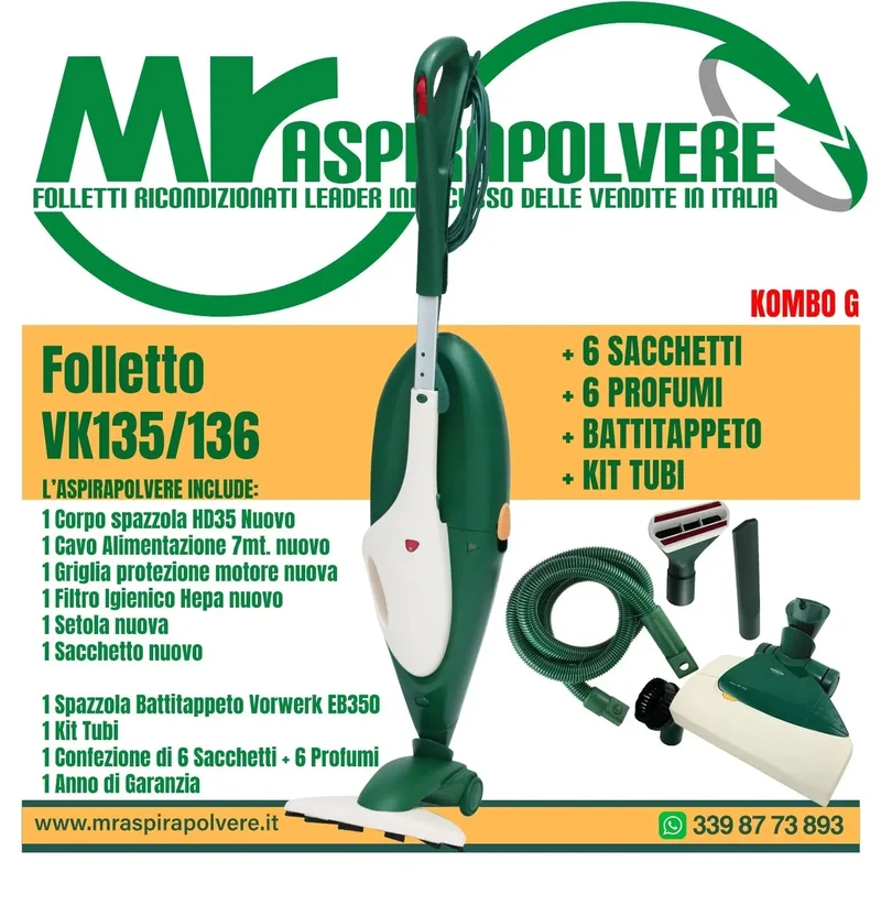 Folletto Vorwerk VK135/136 rigenerato, Battitappeto EB350, HD35 e tubo - Combo G