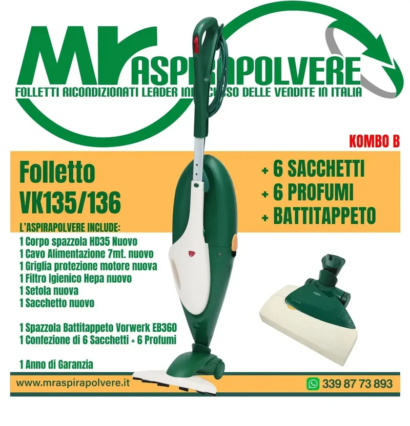 Folletto Vorwerk VK135/136 rigenerato, Battitappeto EB350, HD35 - Combo B