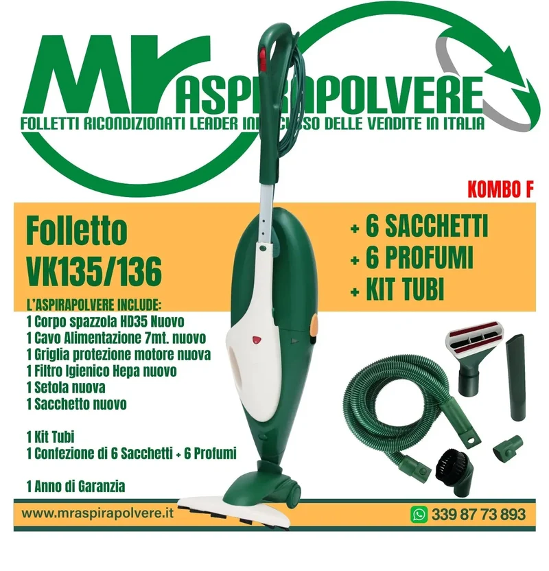Folletto Vorwerk VK135/136 rigenerato, Spazzola HD35 e tubo - Combo F