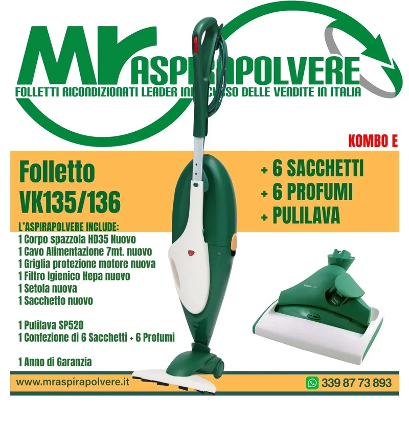 Folletto Vorwerk VK135/136 rigenerato, Spazzola HD35 e Lavapavimenti SP520 - Combo E