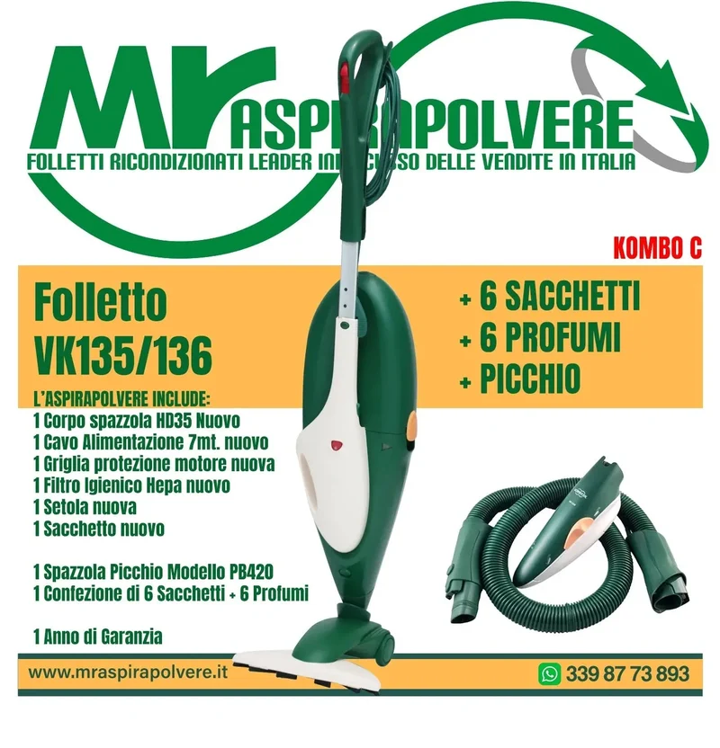 Folletto Vorwerk VK135/136 rigenerato, Spazzola HD35 e Picchio PB420 - Combo C