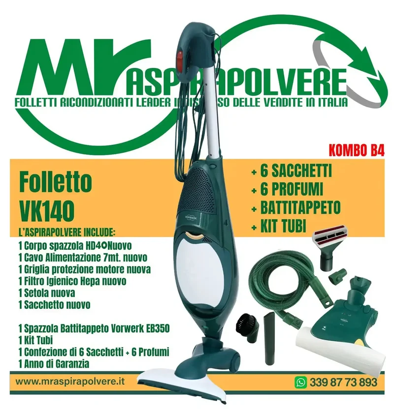 Folletto Vorwerk VK140 rigenerato, Spazzola HD40, EB350 e tubo - Combo B4