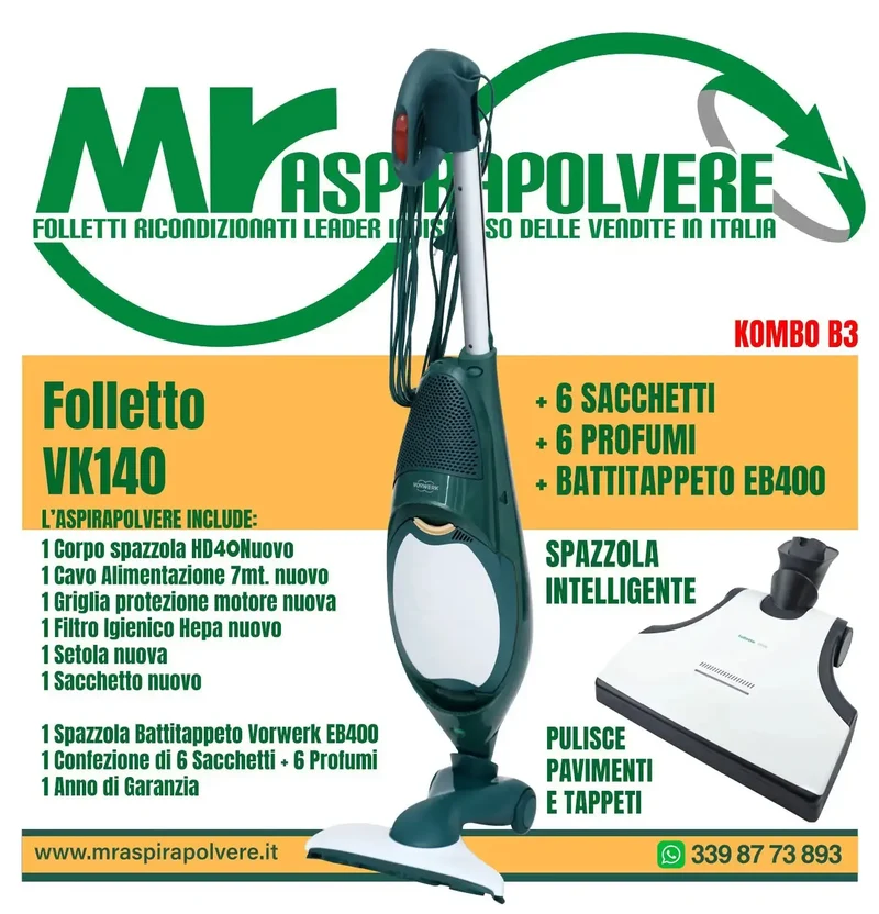 Folletto Vorwerk VK140 rigenerato, Spazzola HD40 e EB400 - Combo B3