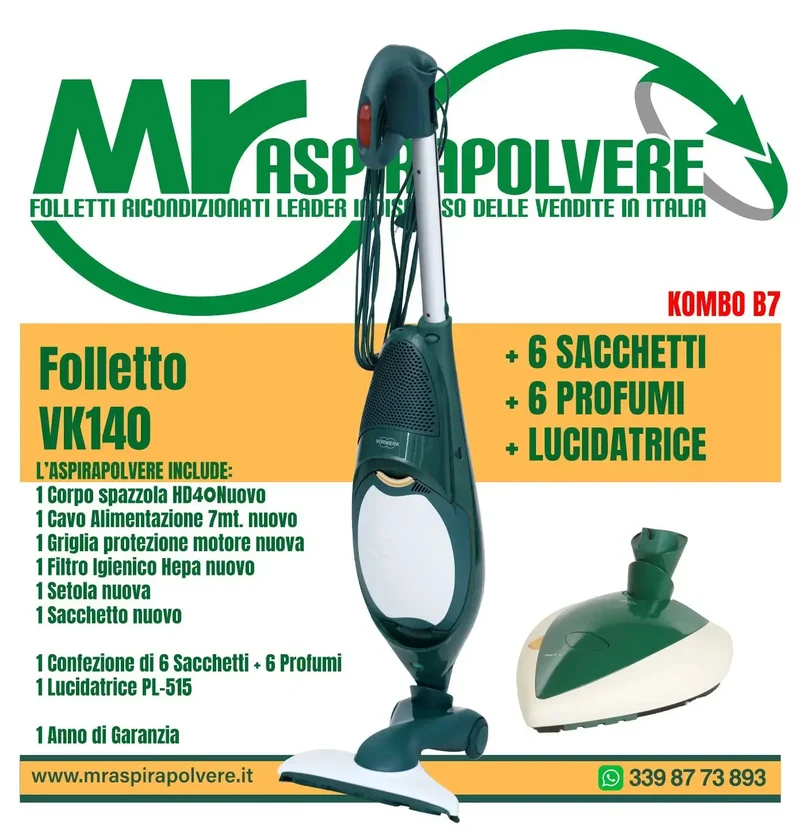 Folletto Vorwerk VK140 rigenerato, Spazzola HD40 e PL515 - Combo B7