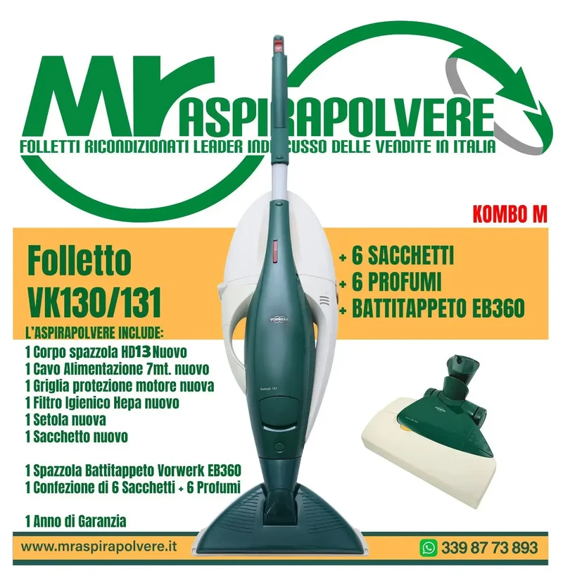 Folletto Vorwerk VK130/131 rigenerato, Battitappeto EB360, HD13 - Combo M