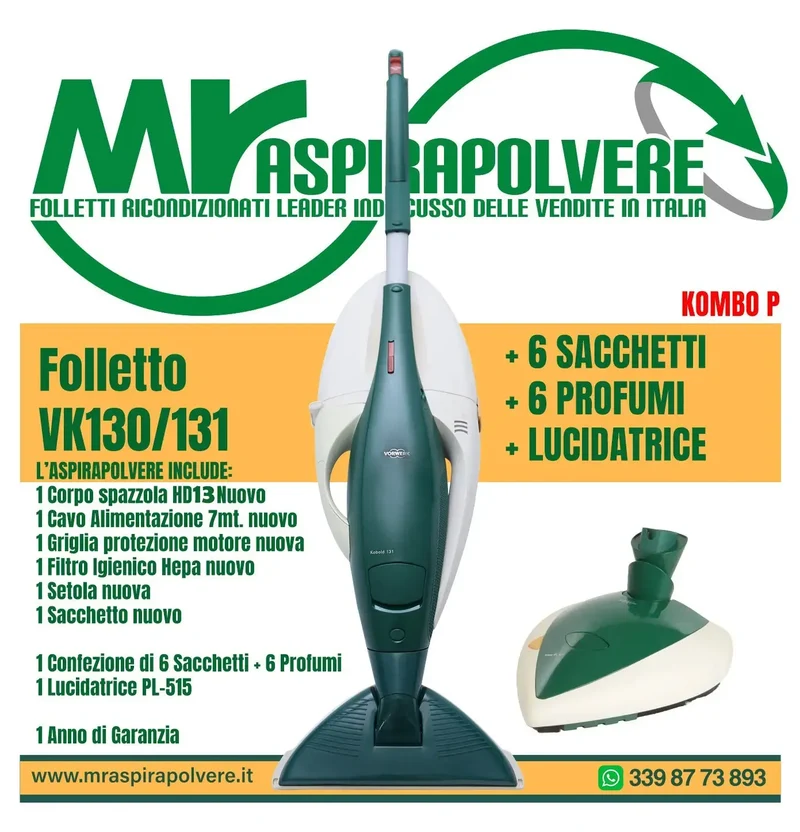 Folletto Vorwerk VK130/131 rigenerato, PL515, HD13 - Combo P