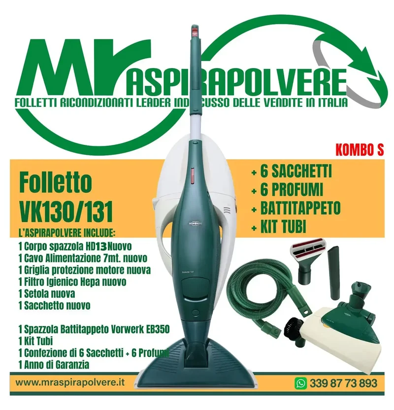 Folletto Vorwerk VK130/131 rigenerato, Battitappeto EB350, HD13 e tubi - Combo S