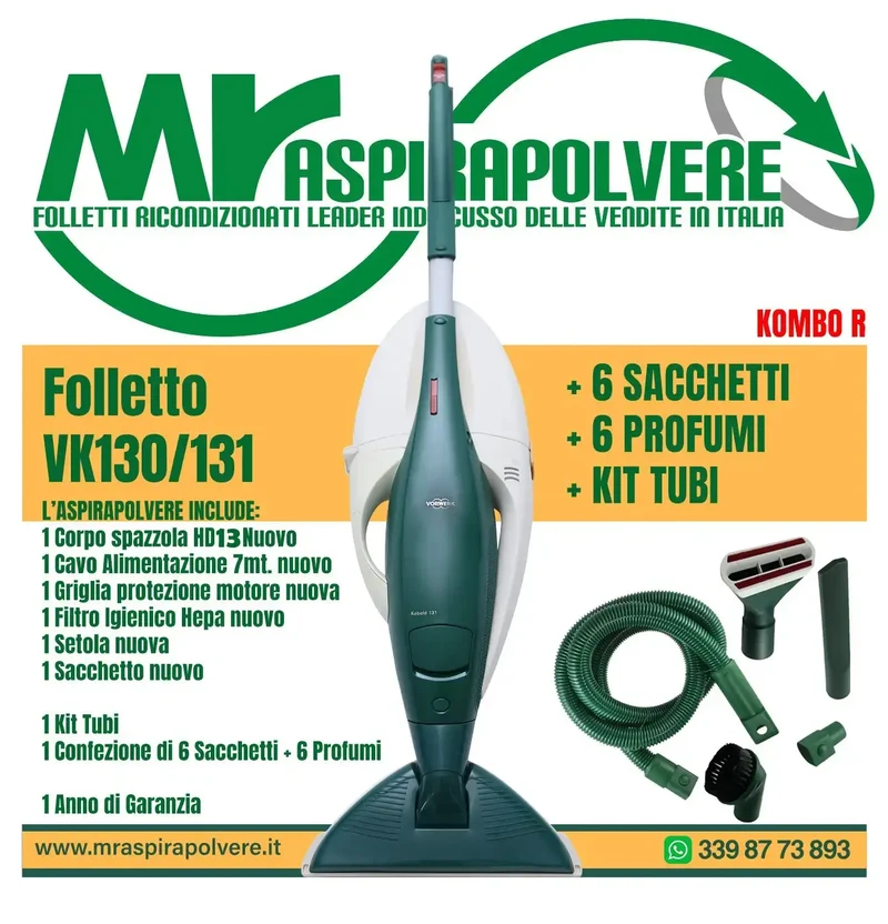 Folletto Vorwerk VK130/131 rigenerato, HD13 e tubi - Combo R