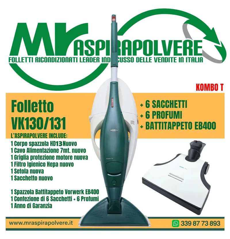 Folletto Vorwerk VK130/131 rigenerato, HD13 e EB400 - Combo T