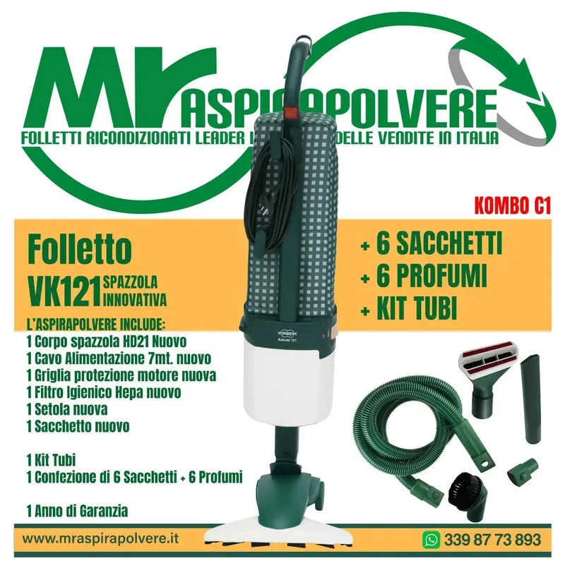 Folletto Vorwerk VK121/122 rigenerato, Spazzola HD21, tubo e accessori - Combo C1