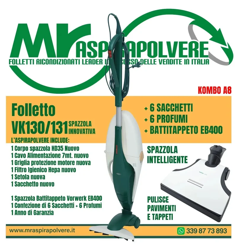 Folletto Vorwerk VK130/131 rigenerato, HD35 e EB400 - Combo A8