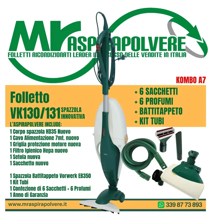 Folletto Vorwerk VK130/131 rigenerato, Battitappeto EB350, HD35 e tubi - Combo A7