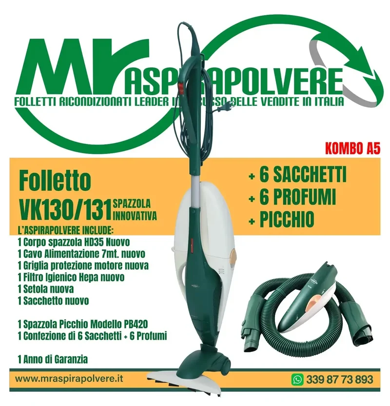 Folletto Vorwerk VK130/131 rigenerato, Picchio PB420, HD35 - Combo A5