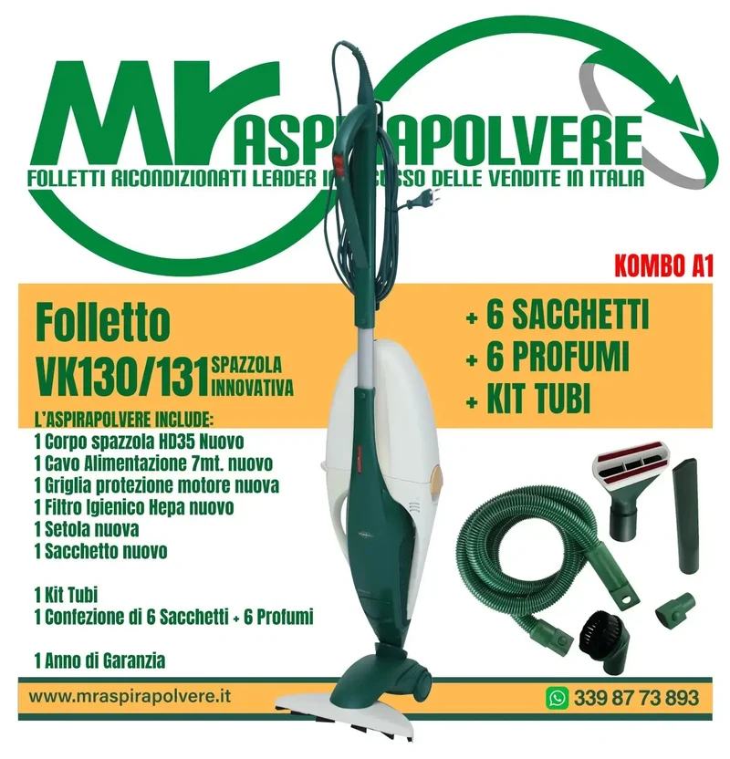 Folletto Vorwerk VK130/131 rigenerato, HD35 e tubi - Combo A1