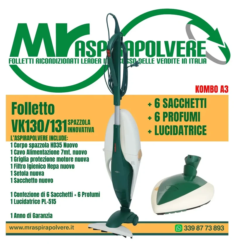 Folletto Vorwerk VK130/131 rigenerato, PL515, HD35 - Combo A3