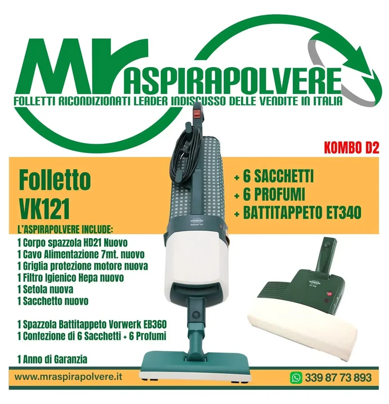 Folletto Vorwerk VK121/122 rigenerato, ET340- Combo D2
