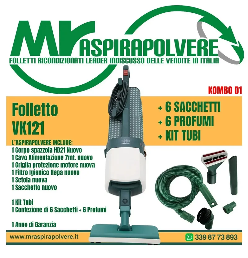 Folletto Vorwerk VK121/122 rigenerato, tubo - Combo D1