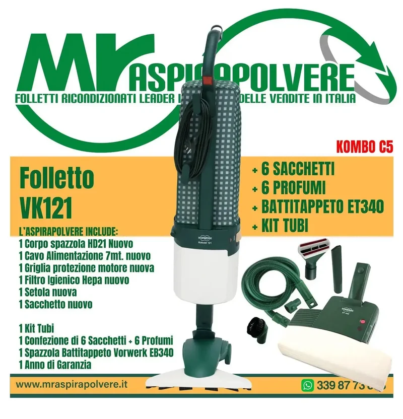 Folletto Vorwerk VK121/122 rigenerato, HD21, tubo e ET340 - Combo C5