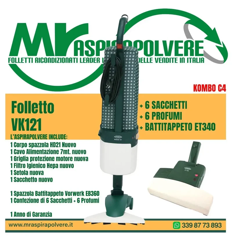 Folletto Vorwerk VK121/122 rigenerato, HD21, ET340 - Combo C4