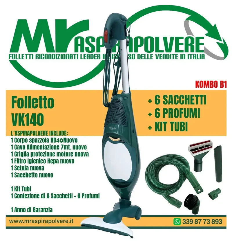 Folletto Vorwerk VK140 rigenerato, Spazzola HD40 e tubo - Combo B1