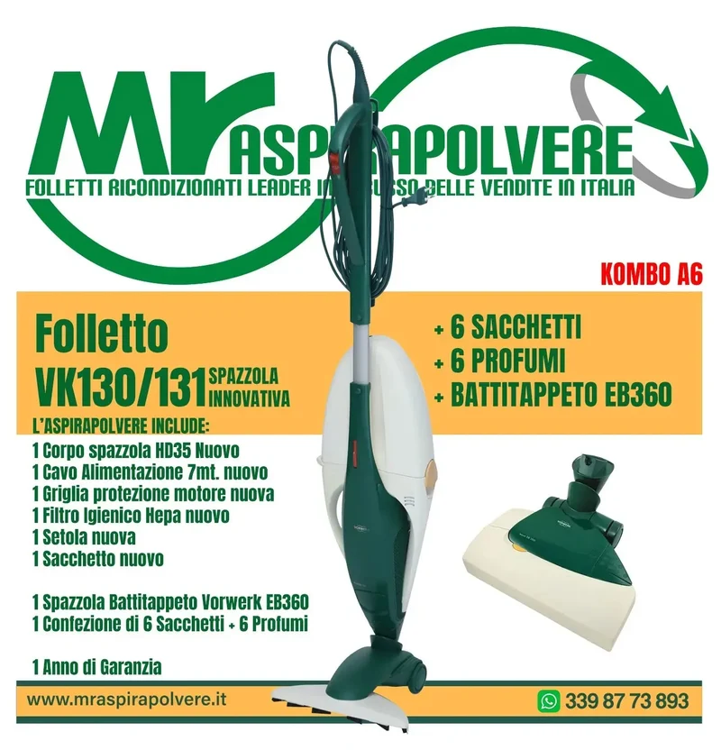 Folletto Vorwerk VK130/131 rigenerato, Battitappeto EB360, HD35 - Combo A6