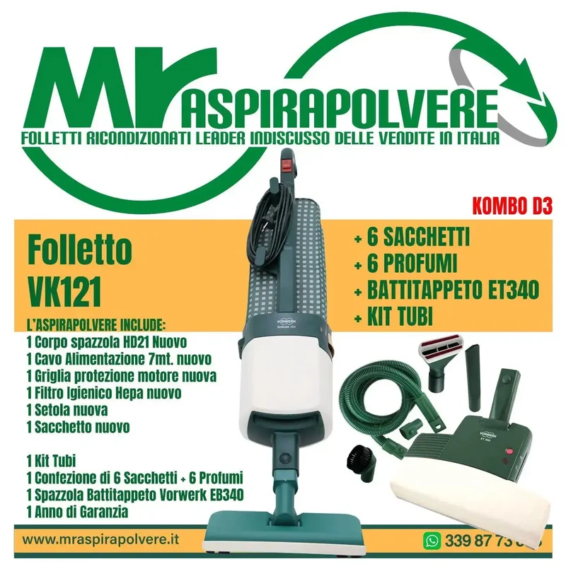 Folletto Vorwerk VK121/122 rigenerato, tubo e ET340 - Combo D3