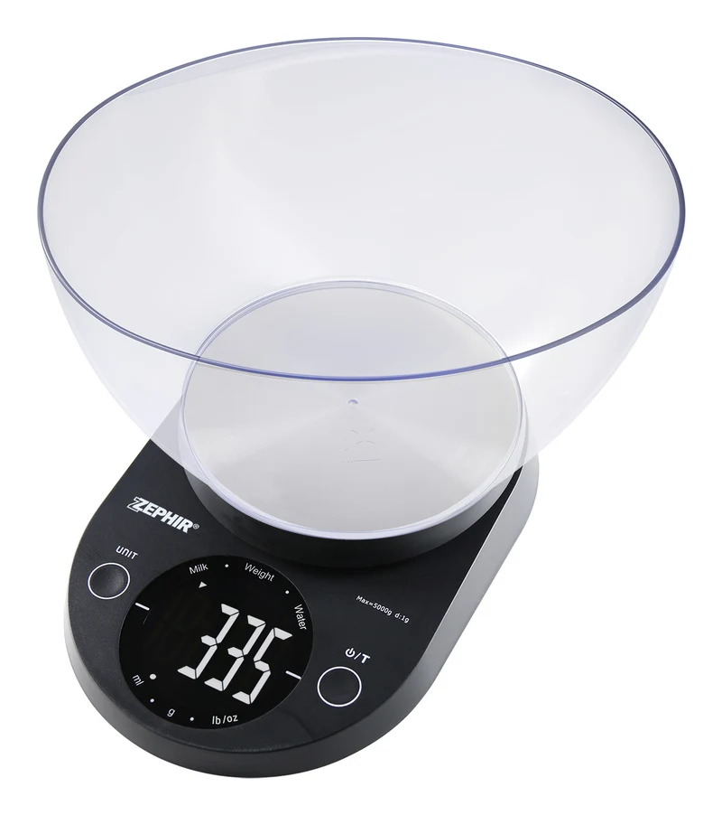 Zephir ZHS511 Bilancia Digitale da Cucina con Ciotola 2,5 L, Capacità 5 kg, Precisione 1 g, Display LCD, Nero