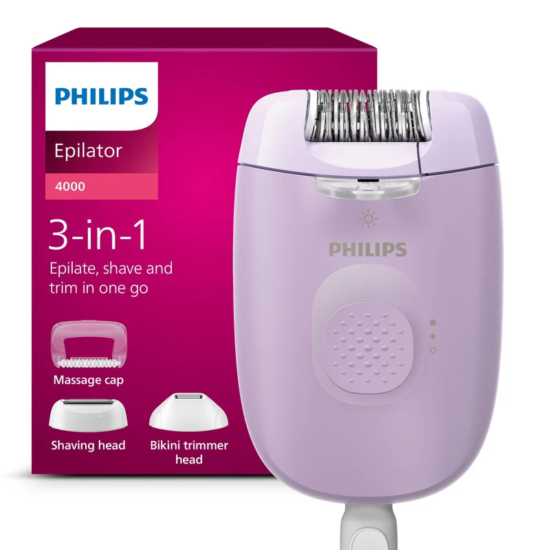 Philips Epilatore Serie 4000 BRE257/00 con Filo 3-in-1, 2 Velocità, Luce LED, Testina Massaggiante e Trimmer Bikini, Viola