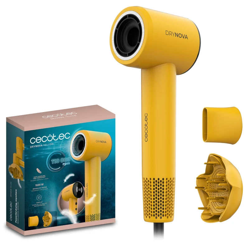 Cecotec Asciugacapelli DryNova Yellow Sun 1600W Motore Brushless 110000 RPM Ionico con Diffusore e Concentratore Giallo