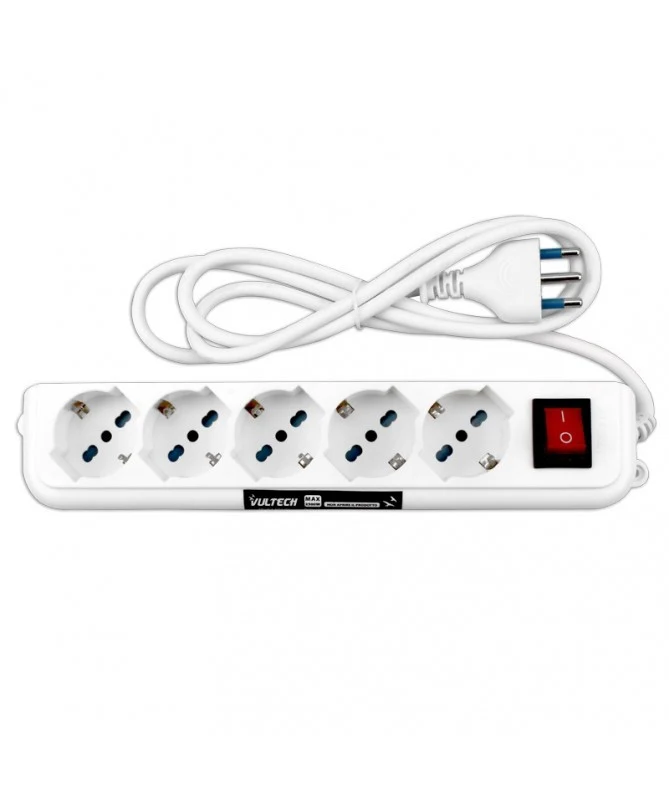Vultech MU-01 Multipresa 5 Prese con Interruttore On/Off Bianco Cavo 1,5m 2500W