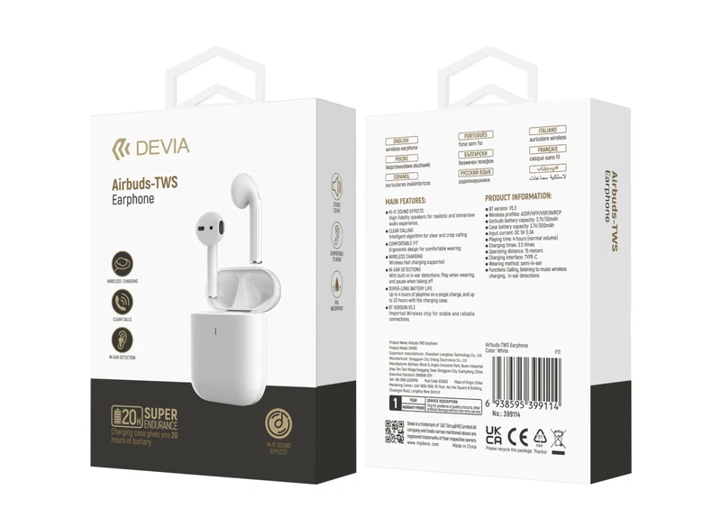 Devia Auricolari TWS Airbuds EM053 Bluetooth 5.3 Carica Wireless Bianchi